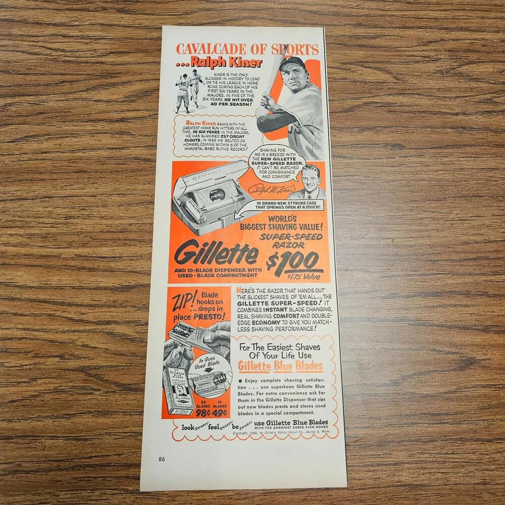 Vintage Gillette Razor Ad Ralph Kiner • 1950s Baseball Hall of Famer • Cavalcade
